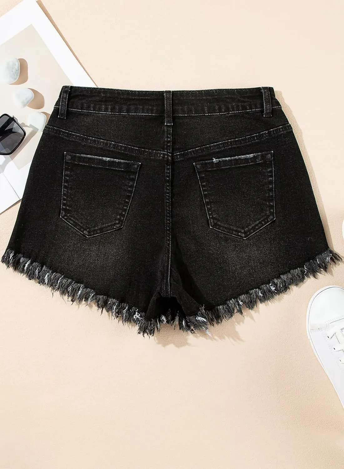 Sidefeel Women's Jean Shorts High Waisted Stretchy Raw Hem Buttoned Split Denim Shorts