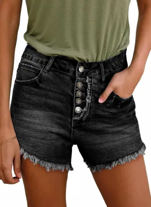 Sidefeel Women's Jean Shorts High Waisted Stretchy Raw Hem Buttoned Split Denim Shorts