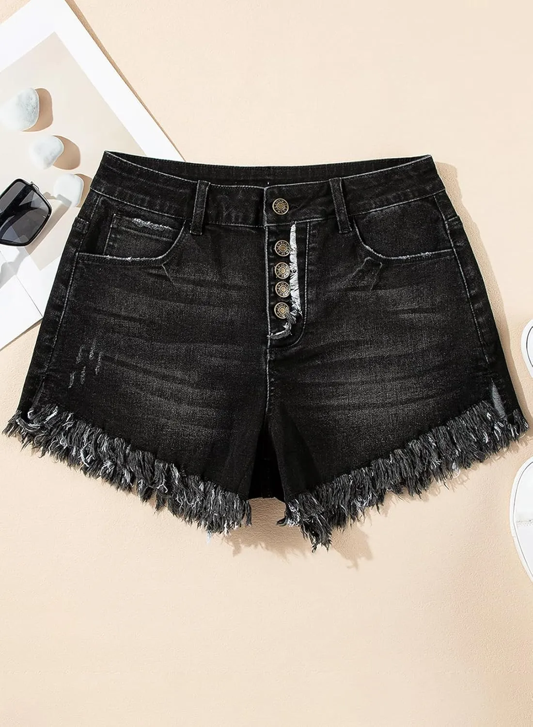 Sidefeel Women's Jean Shorts High Waisted Stretchy Raw Hem Buttoned Split Denim Shorts