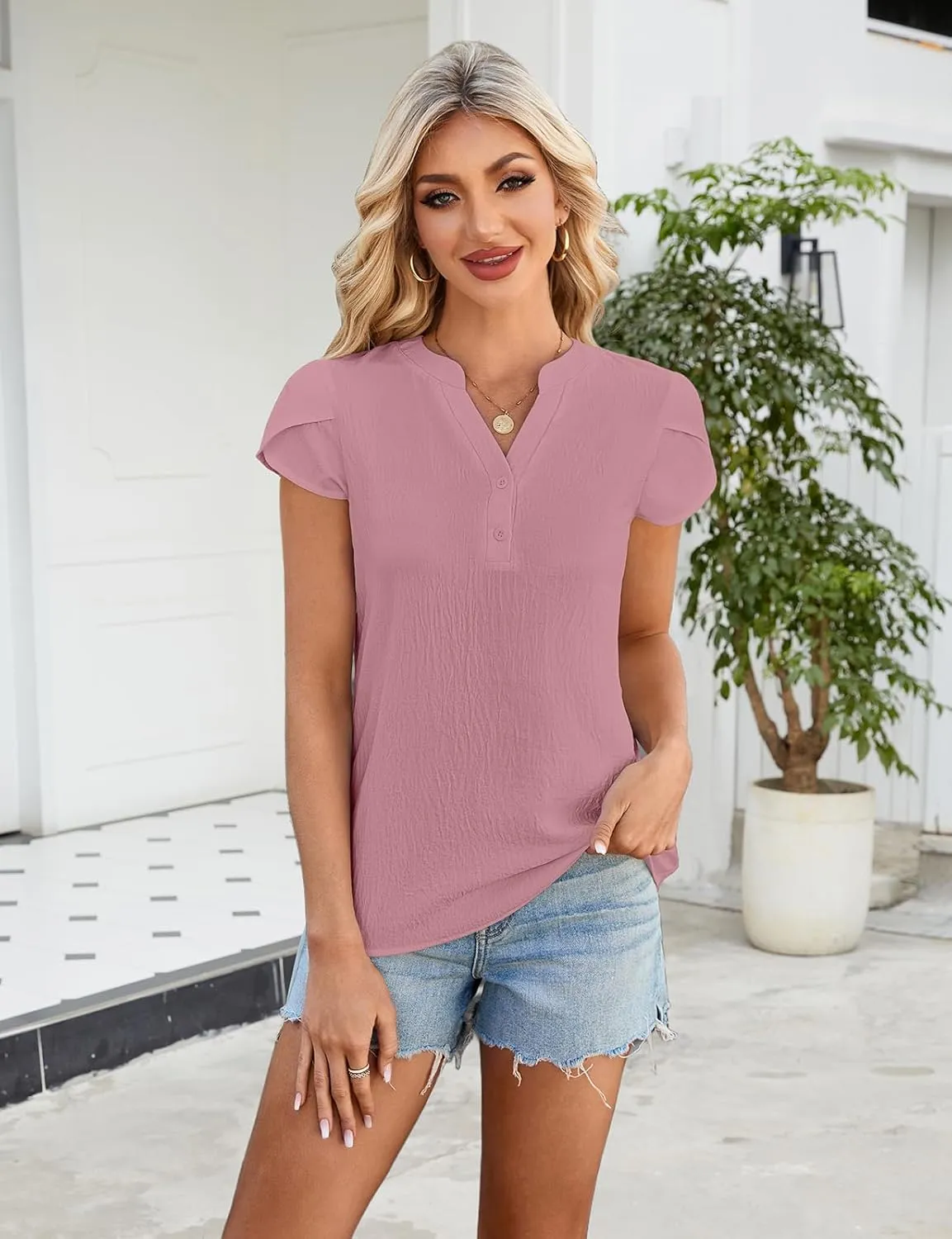 SimpleFun Womens Dressy Casual Tops Petal Short Sleeve Work Blouses Business V Neck Button Down Shirts