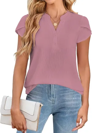 SimpleFun Womens Dressy Casual Tops Petal Short Sleeve Work Blouses Business V Neck Button Down Shirts