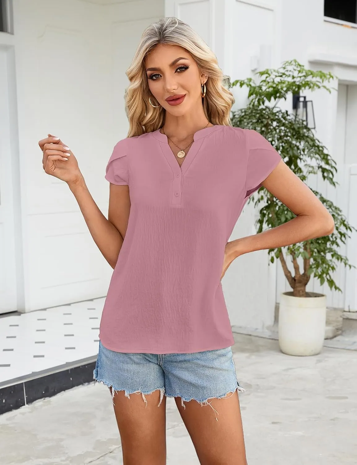 SimpleFun Womens Dressy Casual Tops Petal Short Sleeve Work Blouses Business V Neck Button Down Shirts