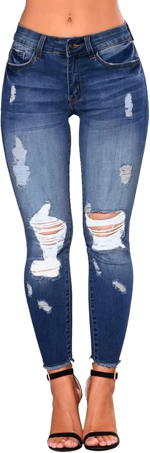 Skinny Jeans for Women Mid Rise Ripped Stretchy Jeans Pull On Dress Work Pants Tummy Control Jeggings with Pockets
