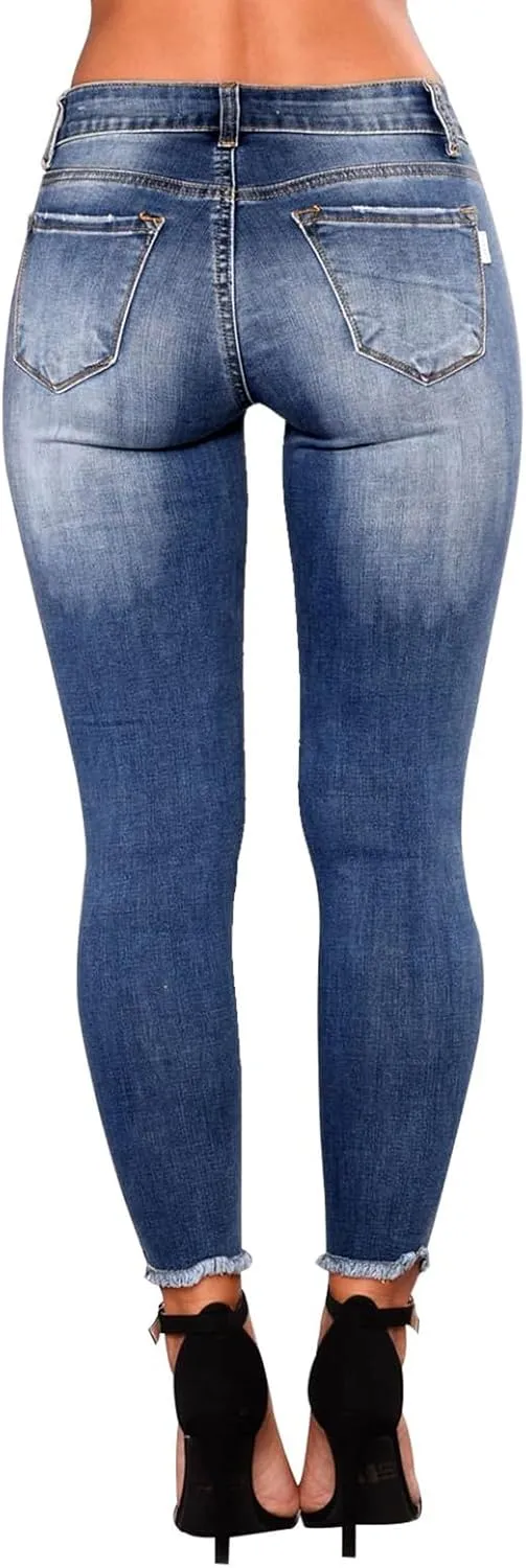 Skinny Jeans for Women Mid Rise Ripped Stretchy Jeans Pull On Dress Work Pants Tummy Control Jeggings with Pockets
