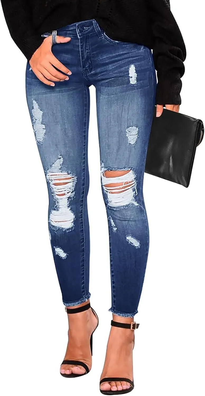 Skinny Jeans for Women Mid Rise Ripped Stretchy Jeans Pull On Dress Work Pants Tummy Control Jeggings with Pockets