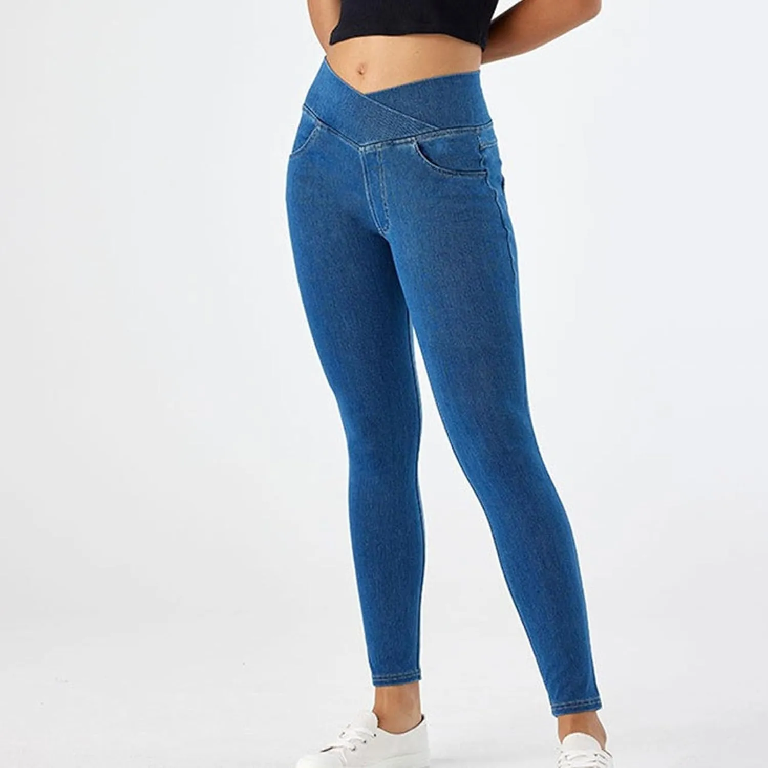 Skinny Stretchy Curvy Jeans for Women High Cross Waisted Tummy Control Jeans with Pockets