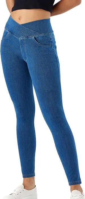 Skinny Stretchy Curvy Jeans for Women High Cross Waisted Tummy Control Jeans with Pockets