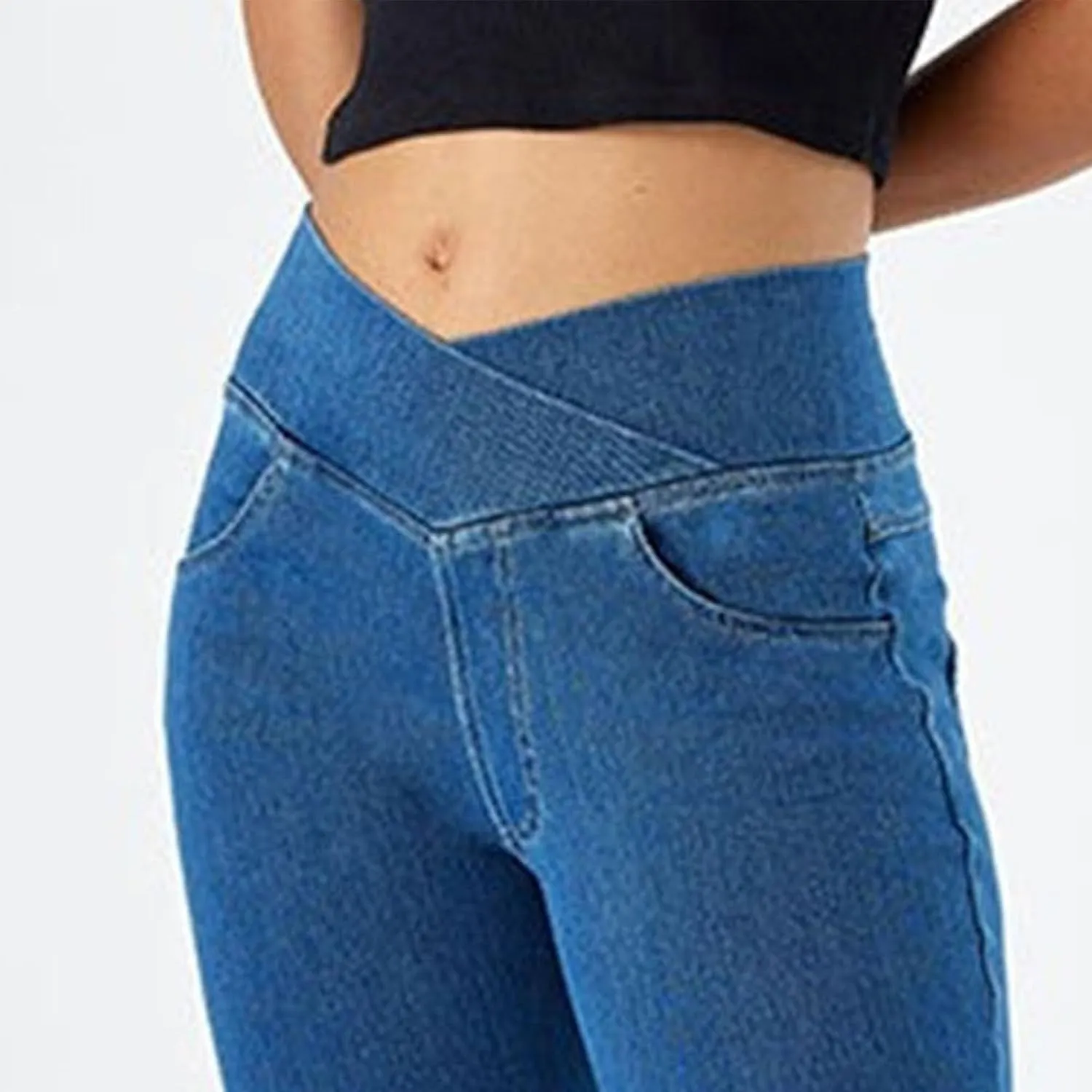 Skinny Stretchy Curvy Jeans for Women High Cross Waisted Tummy Control Jeans with Pockets