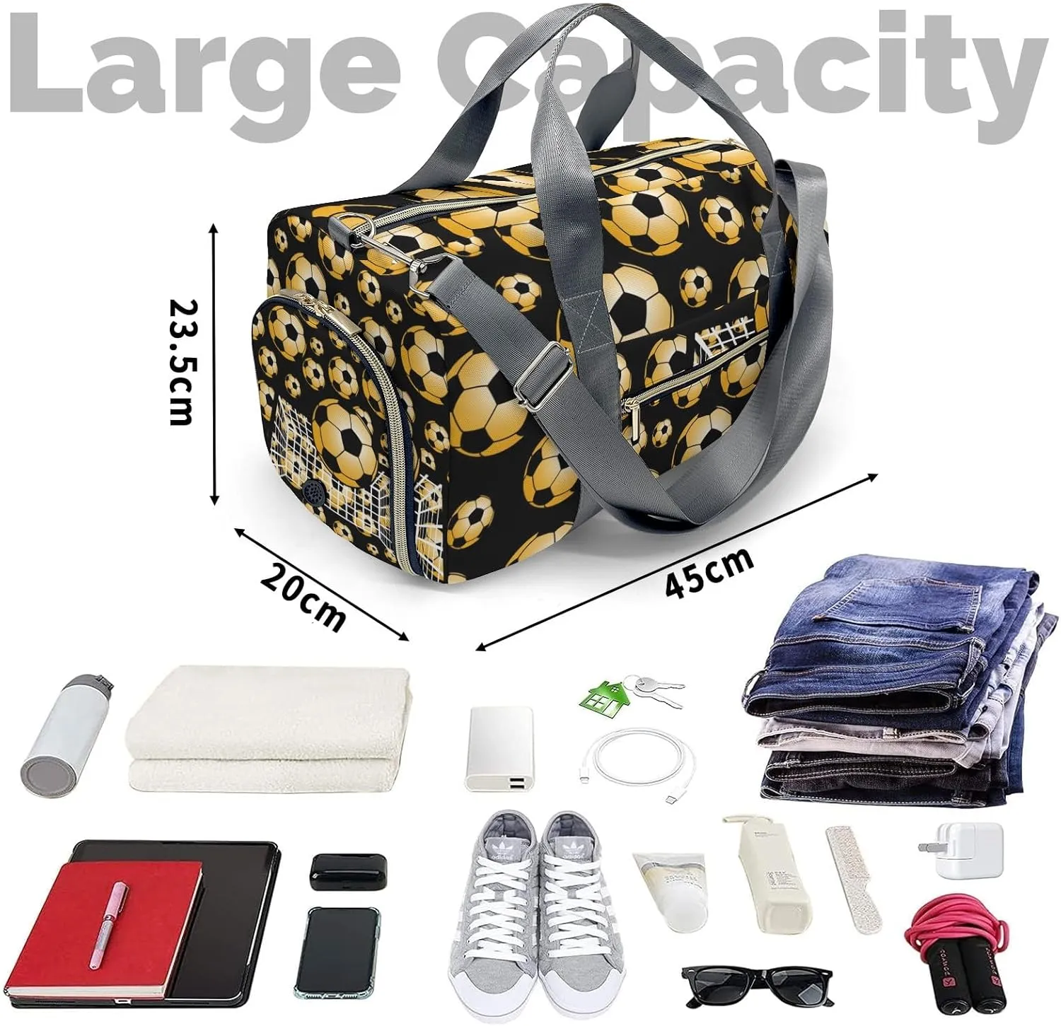Soccer Ball Player Team Waterproof Travel Duffel Bag for Men and Women with Shoe Compartment