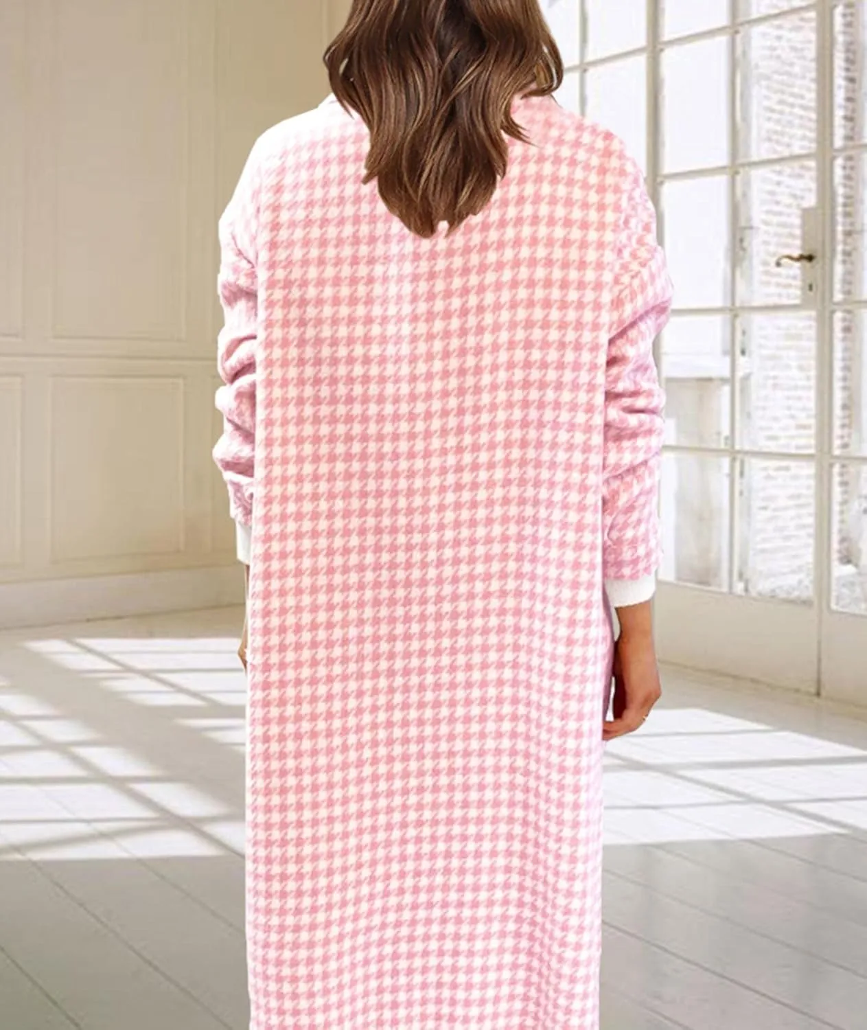 SOMTHRON Women's Casual Wool Blend Brushed Plaid Shirt Jacket Loose Fit Button Down Long Trench Shacket Coat