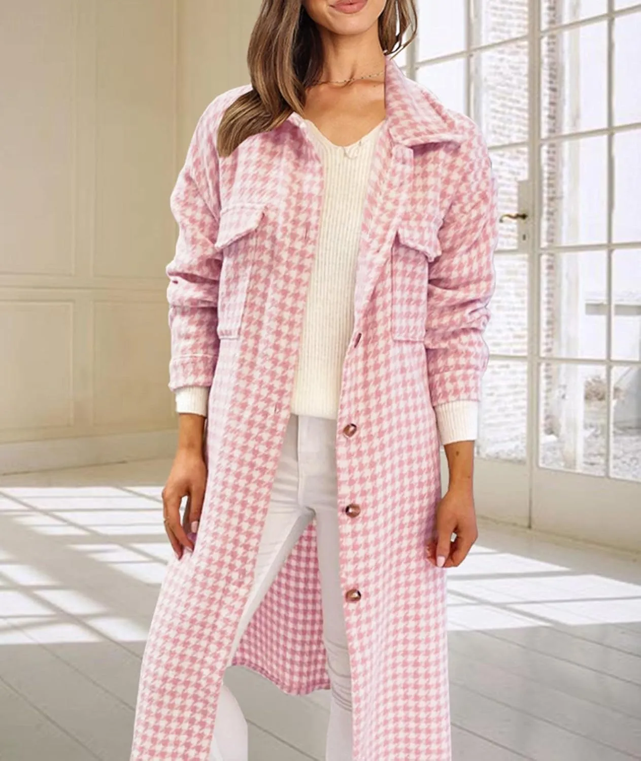 SOMTHRON Women's Casual Wool Blend Brushed Plaid Shirt Jacket Loose Fit Button Down Long Trench Shacket Coat
