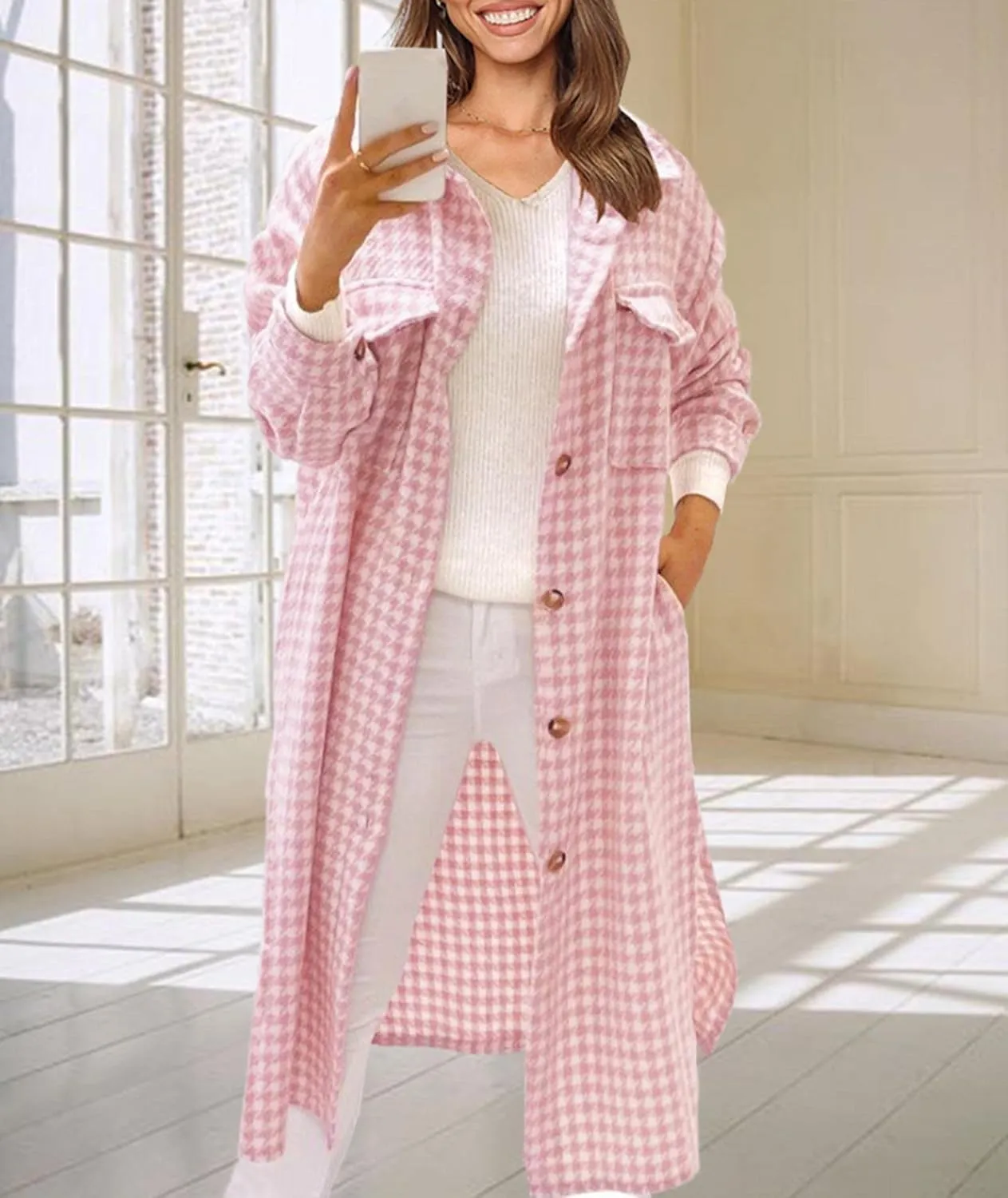 SOMTHRON Women's Casual Wool Blend Brushed Plaid Shirt Jacket Loose Fit Button Down Long Trench Shacket Coat
