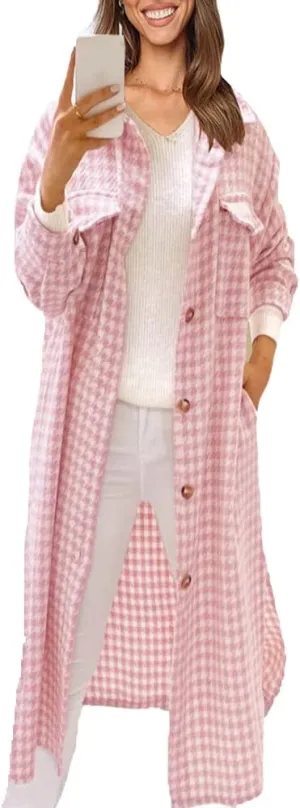 SOMTHRON Women's Casual Wool Blend Brushed Plaid Shirt Jacket Loose Fit Button Down Long Trench Shacket Coat