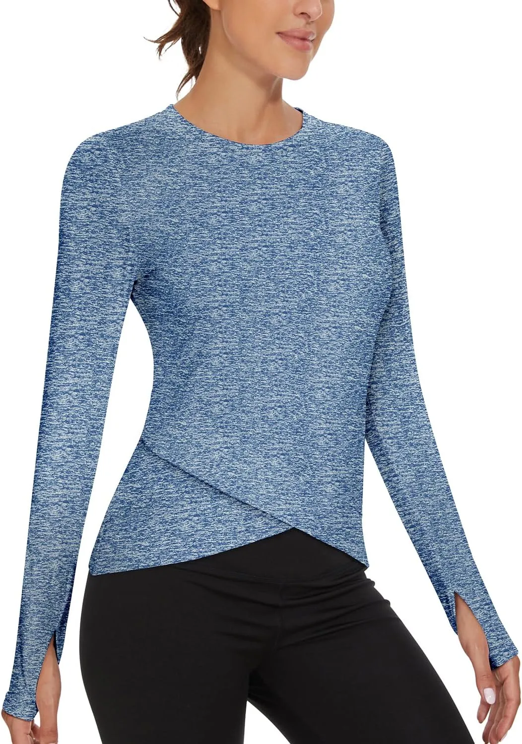 Soneven Women's Long Sleeve Thermal Running Shirts Compression Workout Tops Cross Hem Athletic Yoga Shirts with Thumbholes