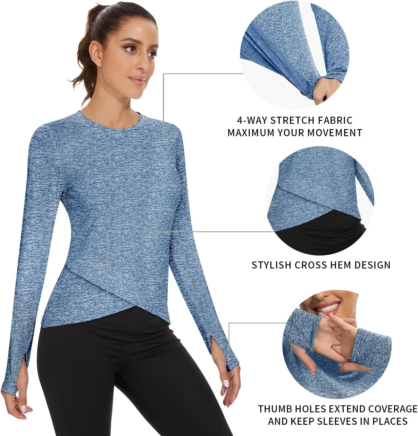 Soneven Women's Long Sleeve Thermal Running Shirts Compression Workout Tops Cross Hem Athletic Yoga Shirts with Thumbholes