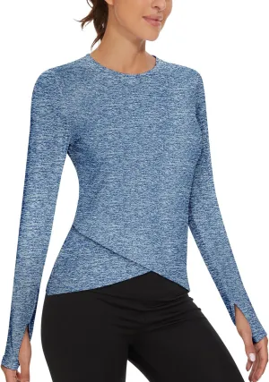 Soneven Women's Long Sleeve Thermal Running Shirts Compression Workout Tops Cross Hem Athletic Yoga Shirts with Thumbholes