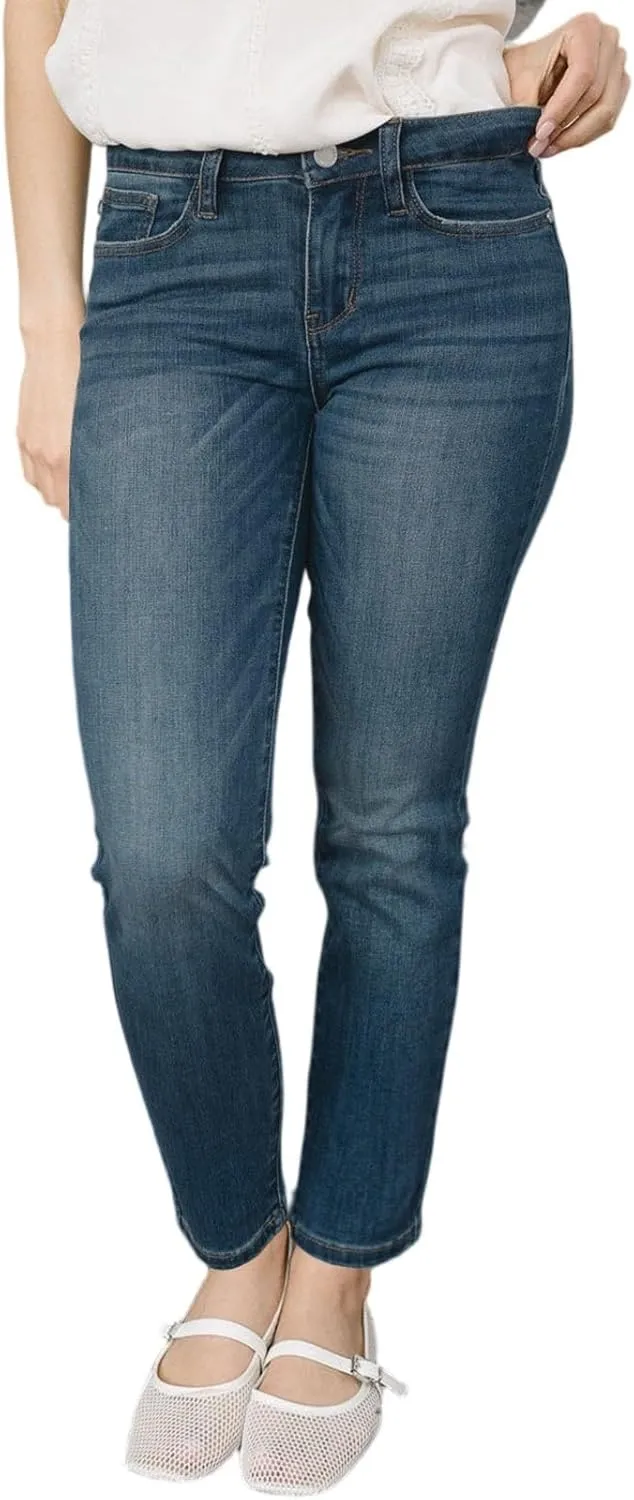 Stretchy Jeans for Women Trendy Mid Waist Wash Straight Leg Jeans Relaxed Fit Vintage Boyfriend Denim Pants with Pockets