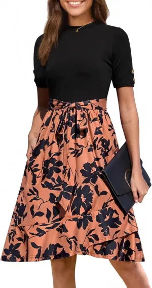 Summer Dresses for Women 2025 Short Sleeve Floral Maxi Dress Flowy Empire Waist Patchwork A Line Ruffle Tiered Dress