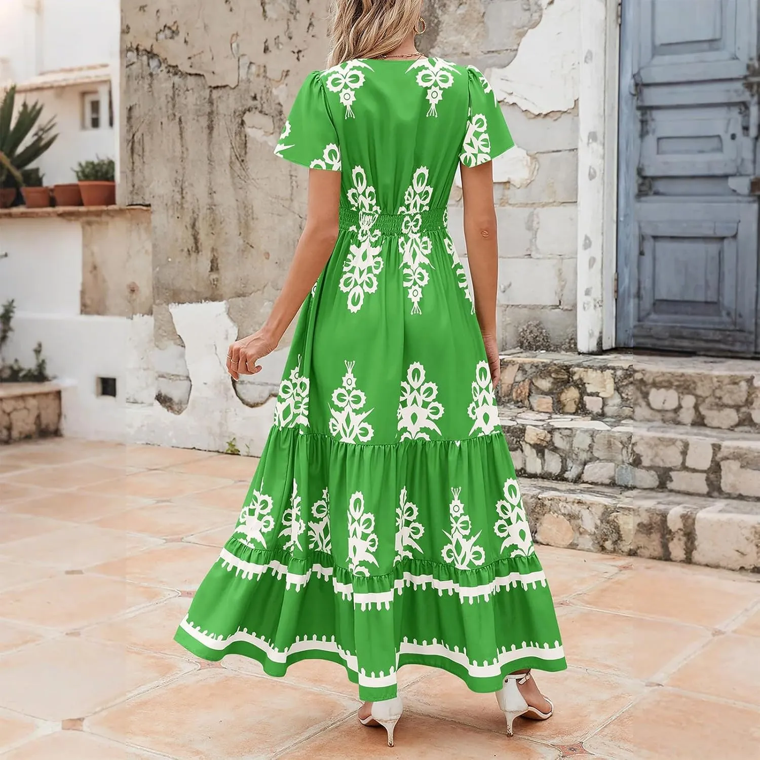 Summer Dresses for Women V Neck Short Sleeve Wrap Midi Dress Empire Waist A Line Ruffle Tiered Maxi Dress with Pockets