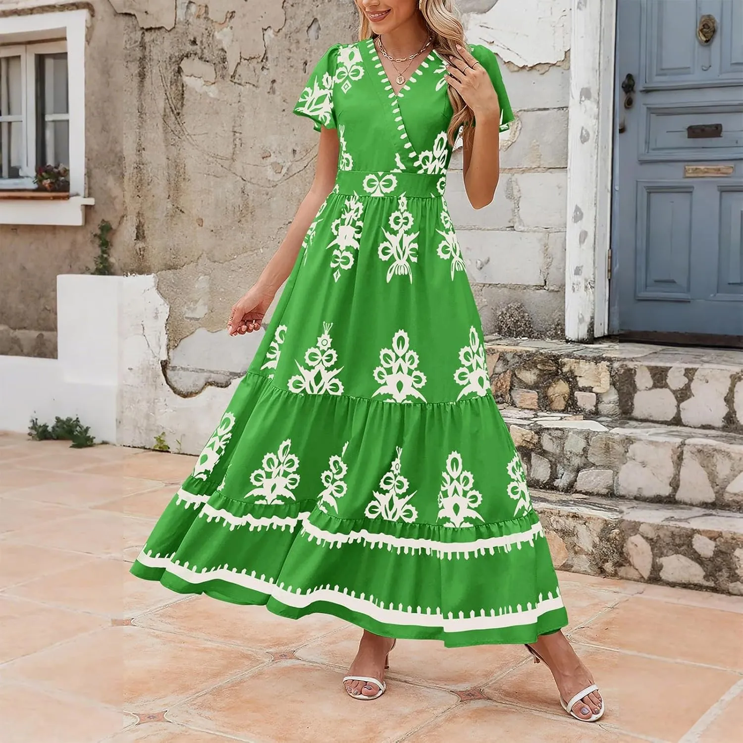 Summer Dresses for Women V Neck Short Sleeve Wrap Midi Dress Empire Waist A Line Ruffle Tiered Maxi Dress with Pockets