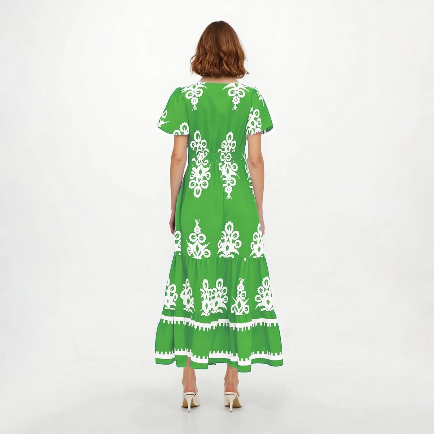 Summer Dresses for Women V Neck Short Sleeve Wrap Midi Dress Empire Waist A Line Ruffle Tiered Maxi Dress with Pockets