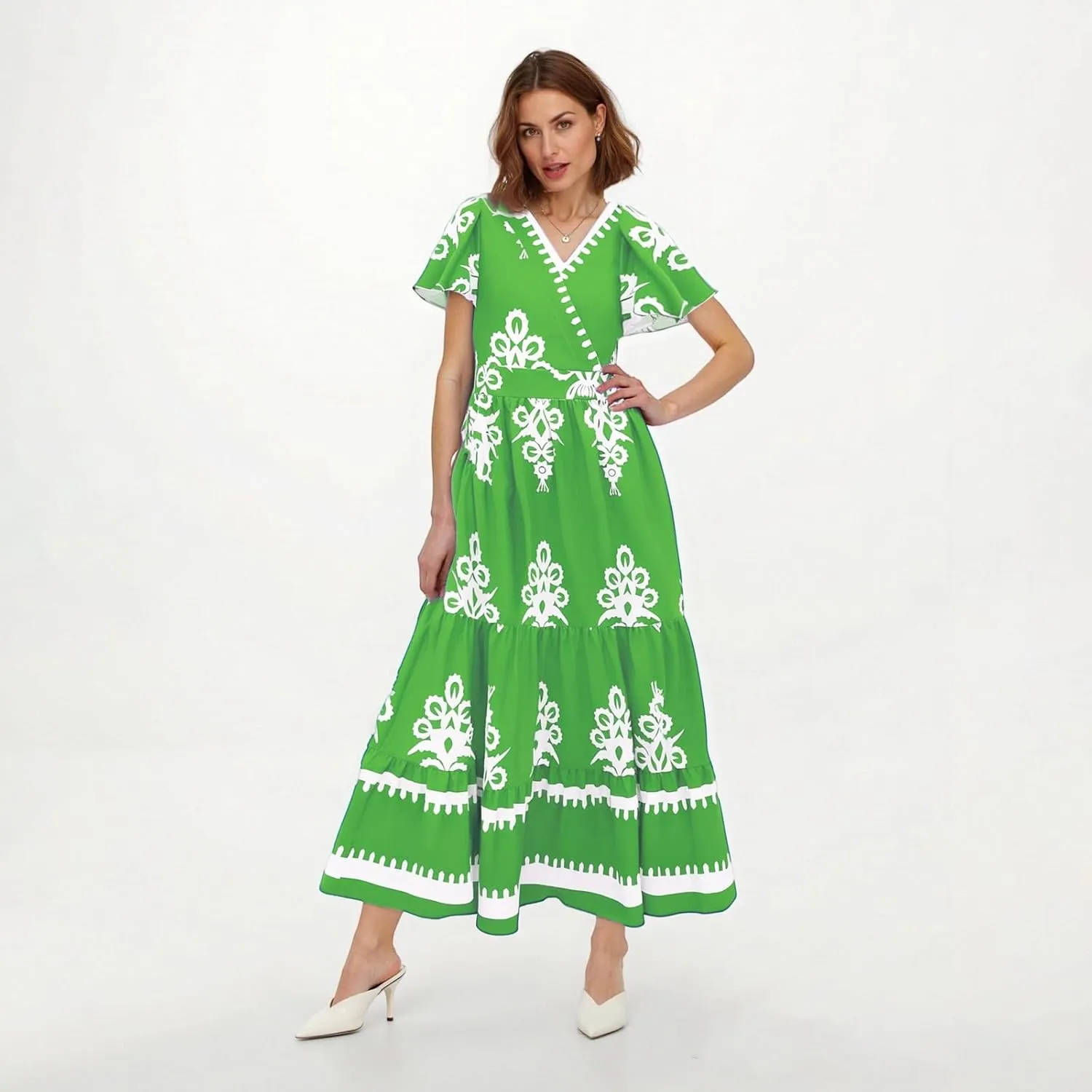 Summer Dresses for Women V Neck Short Sleeve Wrap Midi Dress Empire Waist A Line Ruffle Tiered Maxi Dress with Pockets