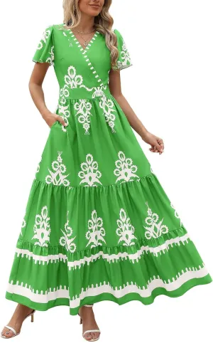 Summer Dresses for Women V Neck Short Sleeve Wrap Midi Dress Empire Waist A Line Ruffle Tiered Maxi Dress with Pockets