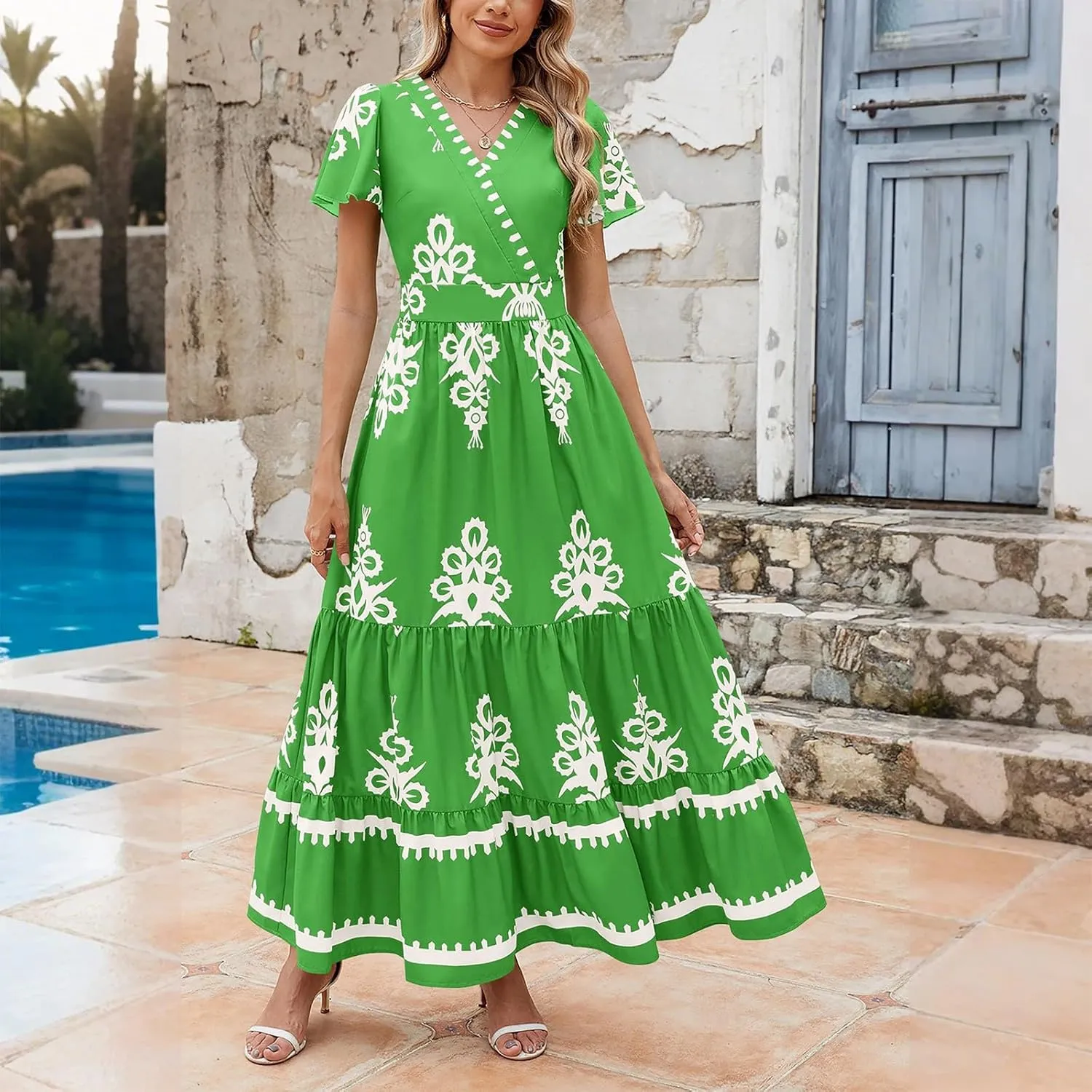 Summer Dresses for Women V Neck Short Sleeve Wrap Midi Dress Empire Waist A Line Ruffle Tiered Maxi Dress with Pockets
