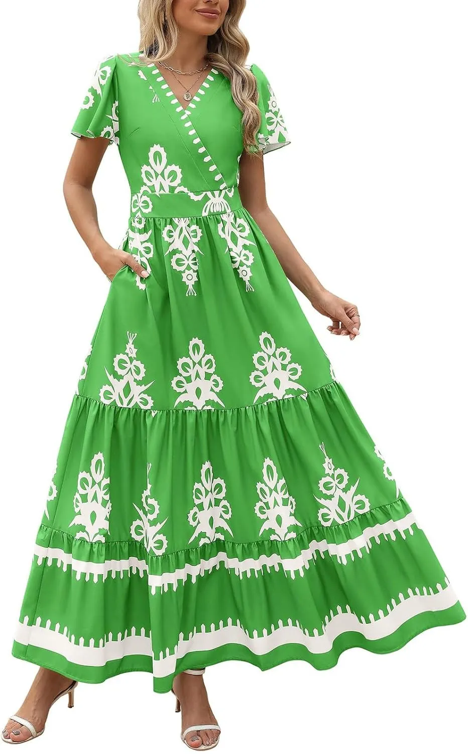 Summer Dresses for Women V Neck Short Sleeve Wrap Midi Dress Empire Waist A Line Ruffle Tiered Maxi Dress with Pockets