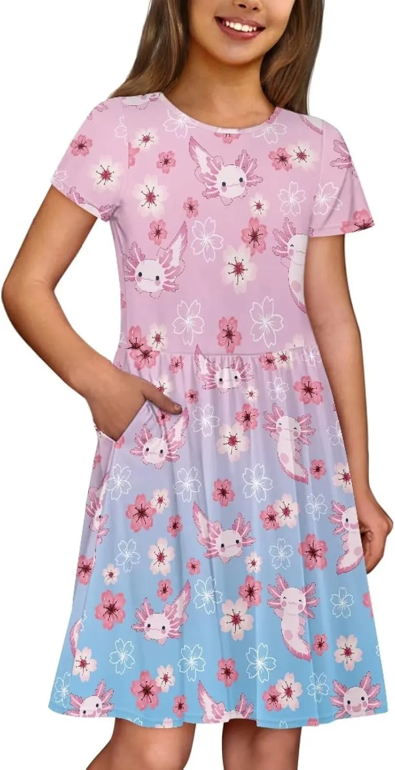 Summer Knee-Length Dresses for Girls 2-14 Years Old Machine Washable and Wrinkle-Resistant