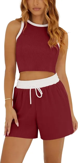 Summer Two Piece Sets for Women Lounge Sets Sleeveless Crop Top and High Waist Shorts 2 Piece Outfits Tracksuits