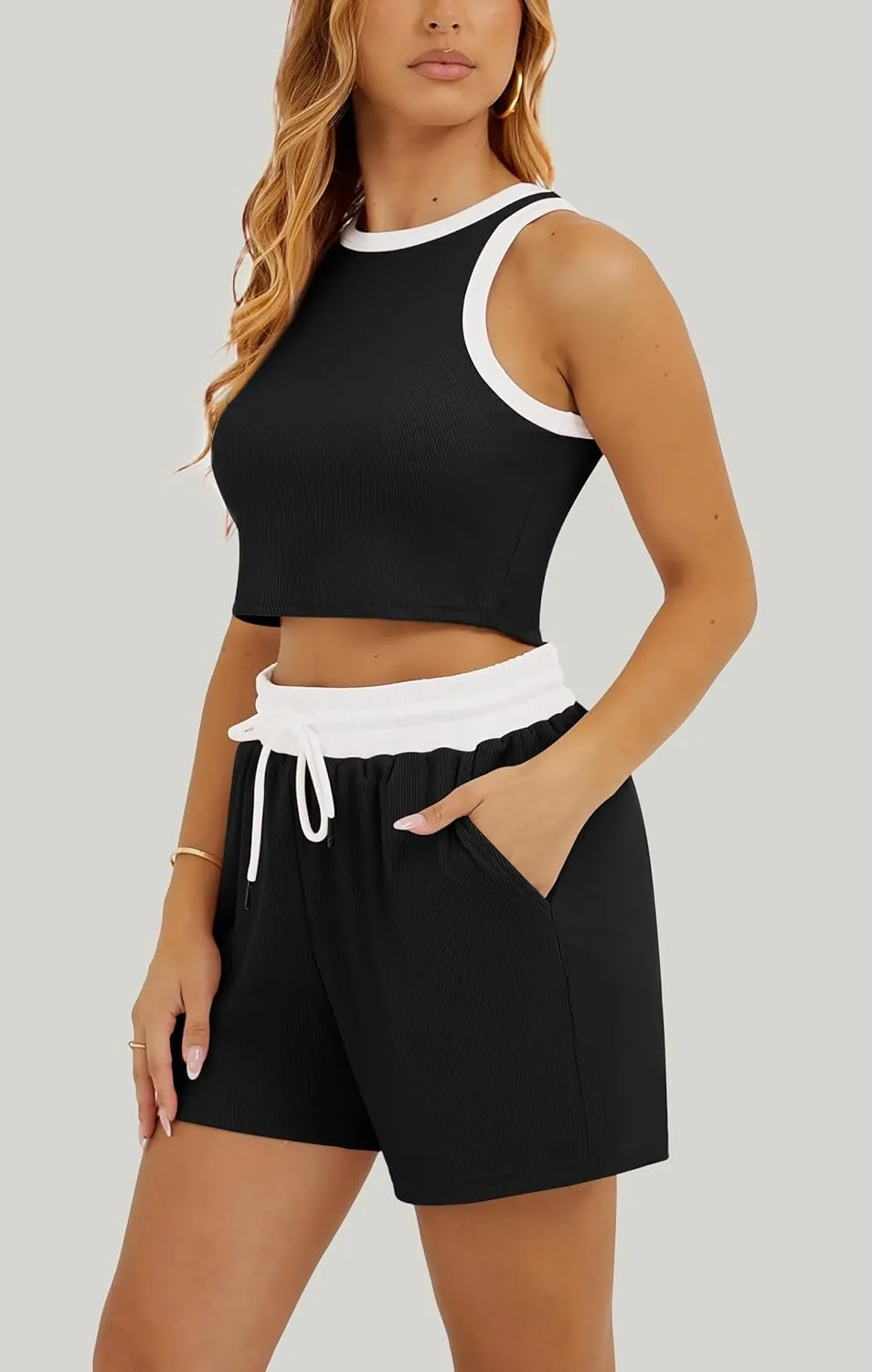 Summer Two Piece Sets for Women Lounge Sets Sleeveless Crop Top and High Waist Shorts 2 Piece Outfits Tracksuits
