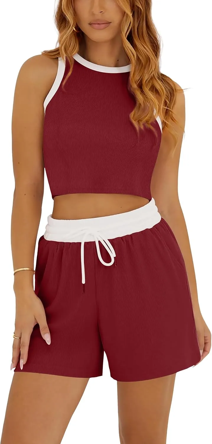 Summer Two Piece Sets for Women Lounge Sets Sleeveless Crop Top and High Waist Shorts 2 Piece Outfits Tracksuits