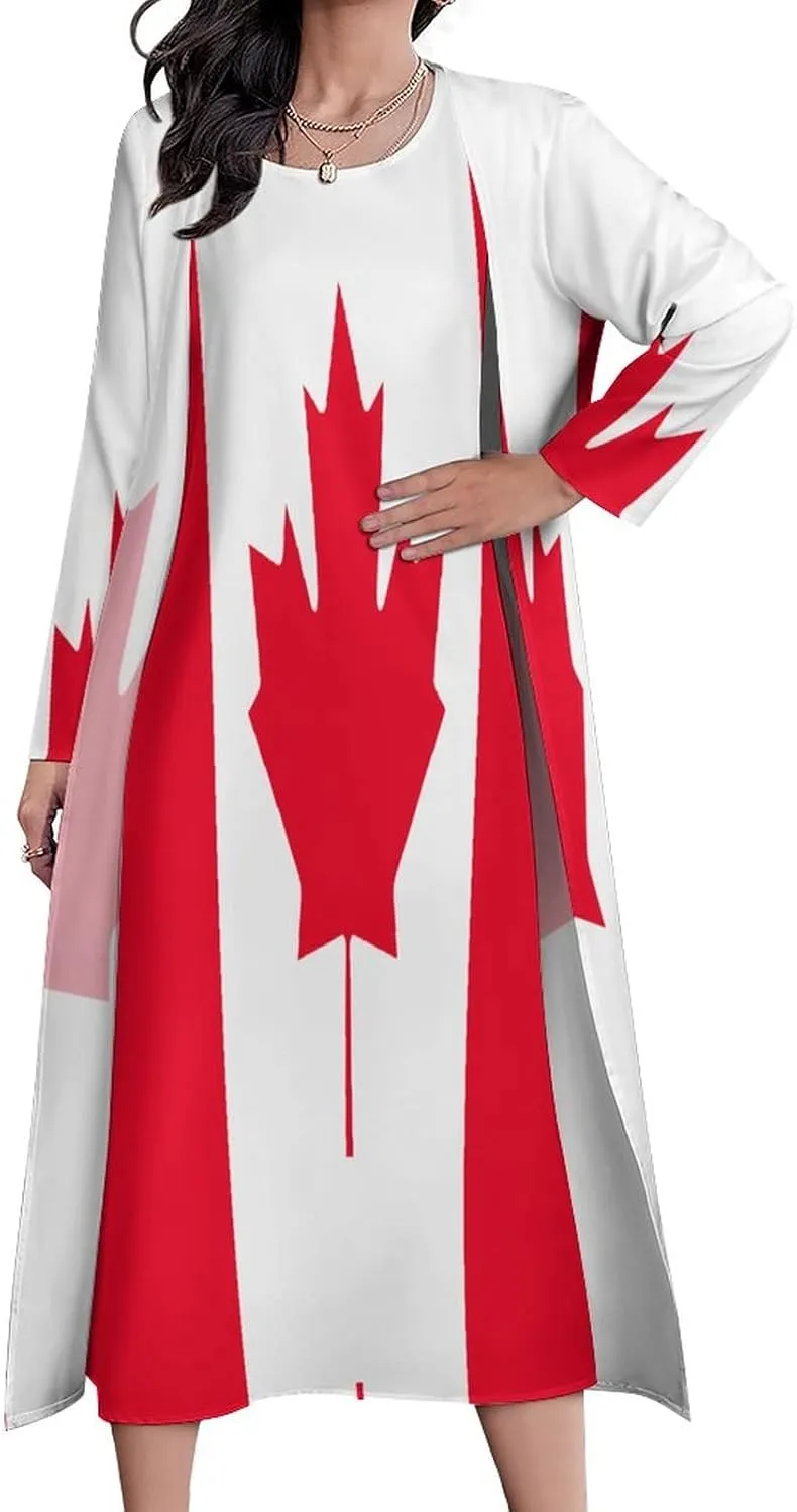 TAIZIYEAH Dress Suit Canada Flag Women's Summer Casual Loose Dress Long Dress Short Sleeve for Girls Fashion Skirts L