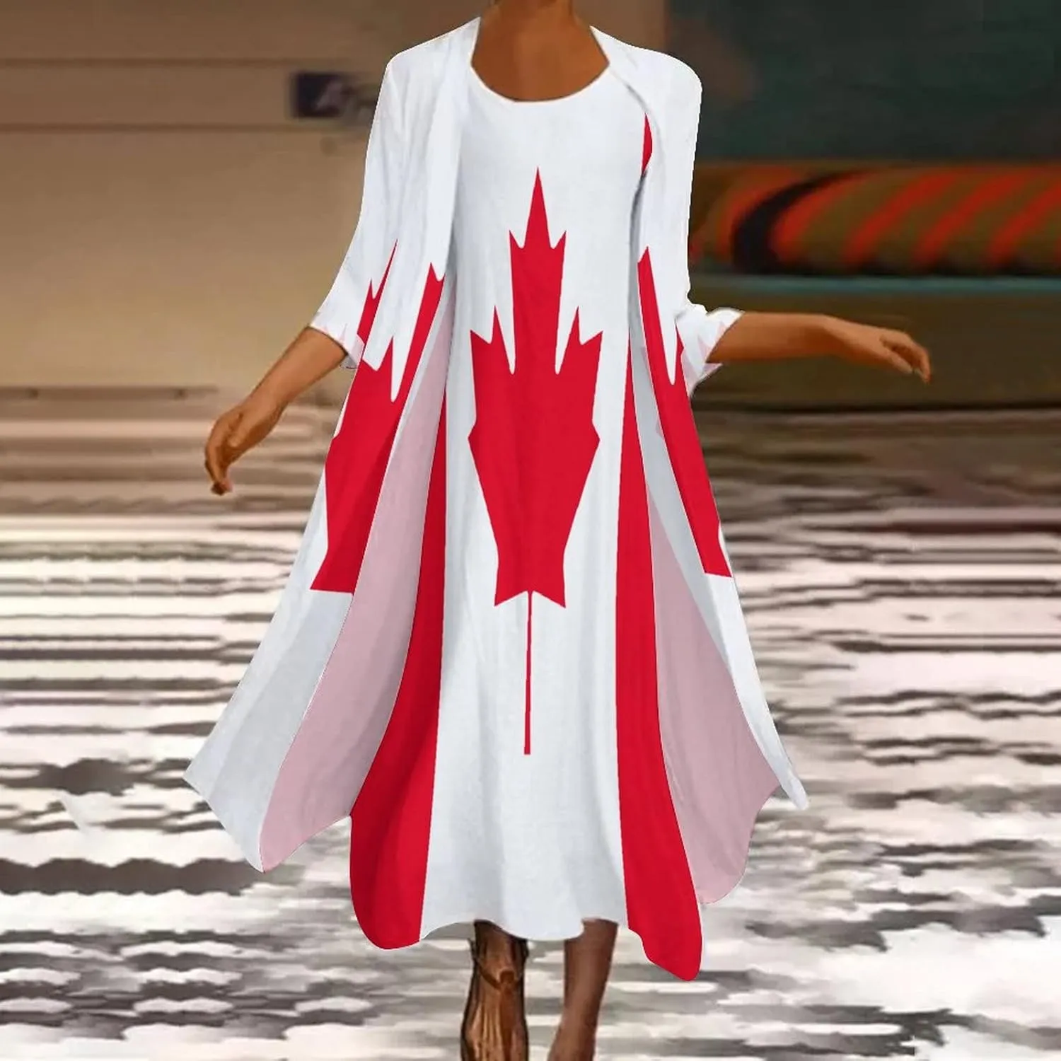 TAIZIYEAH Dress Suit Canada Flag Women's Summer Casual Loose Dress Long Dress Short Sleeve for Girls Fashion Skirts L