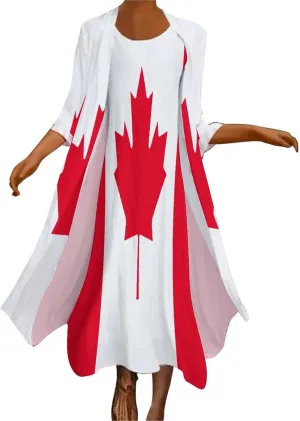 TAIZIYEAH Dress Suit Canada Flag Women's Summer Casual Loose Dress Long Dress Short Sleeve for Girls Fashion Skirts L