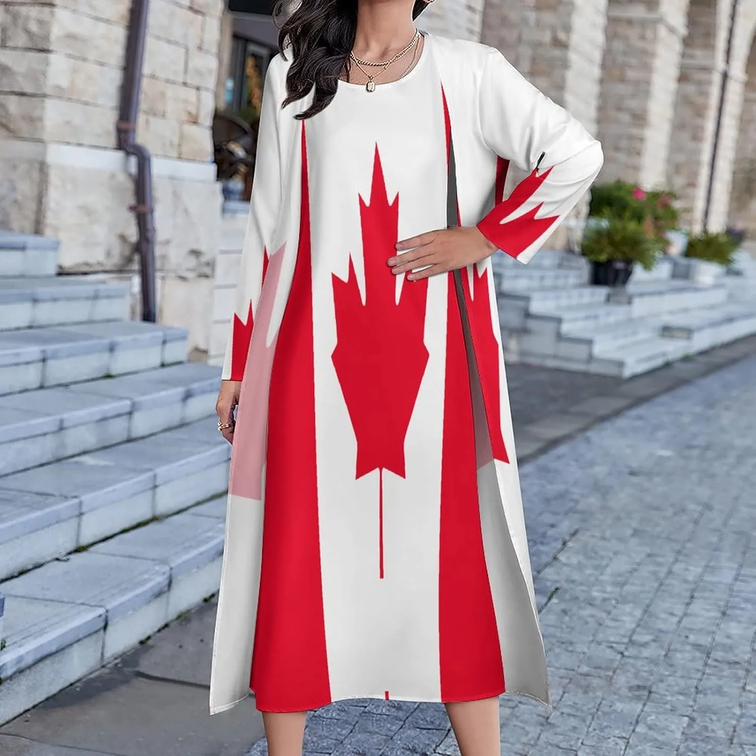 TAIZIYEAH Dress Suit Canada Flag Women's Summer Casual Loose Dress Long Dress Short Sleeve for Girls Fashion Skirts L