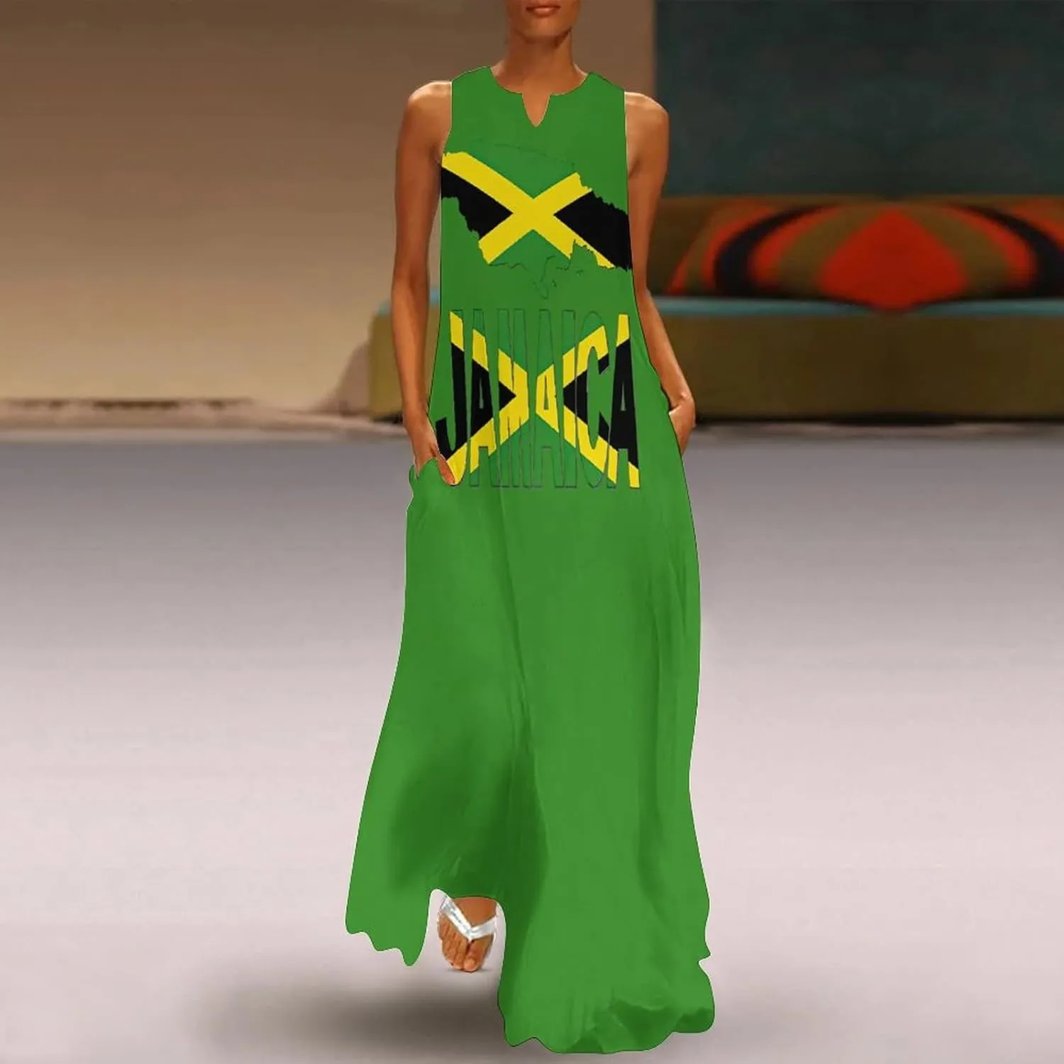 TAIZIYEAH Long Dress Jamaica Flag Women's Summer Casual Loose Dress Long Dress Short Sleeve for Girls Fashion Skirts S