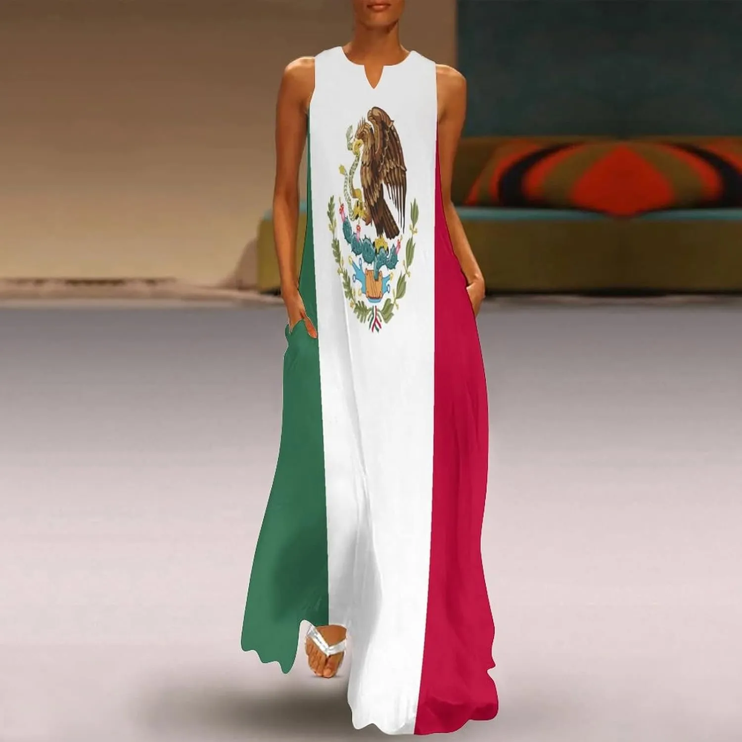 TAIZIYEAH Long Dress Mexican Flag Women's Summer Casual Loose Dress Long Dress Short Sleeve for Girls Fashion Skirts 2XL
