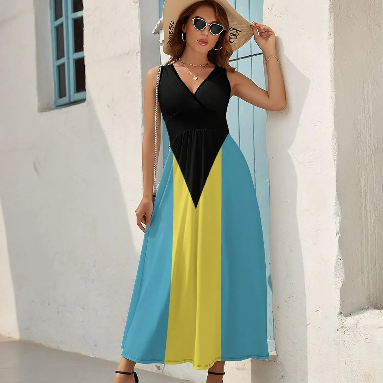 TAIZIYEAH Sleeveless Dress Elegant Casual Long Dress Bahamas Flag Girls Summer Sunshine Beach Skirts for Womens 2XL