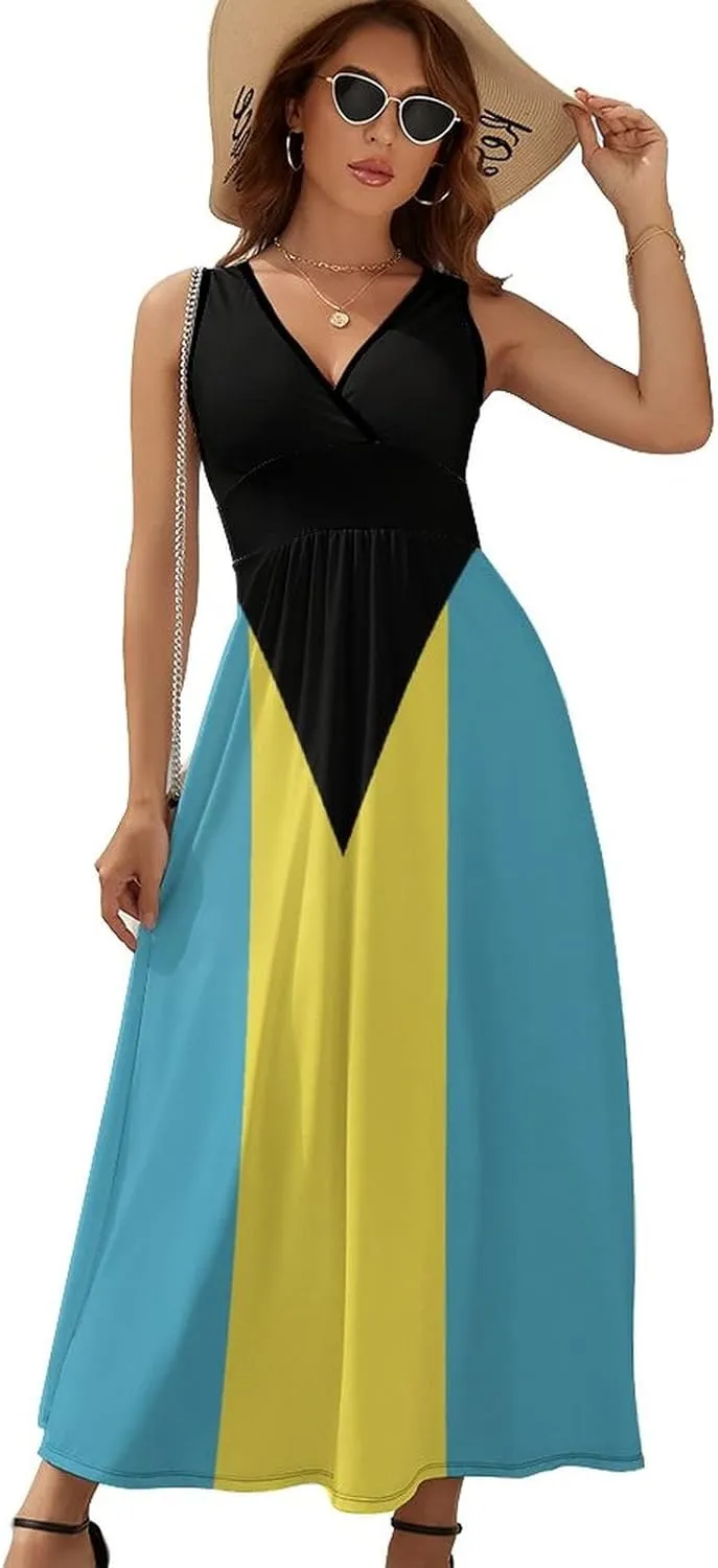 TAIZIYEAH Sleeveless Dress Elegant Casual Long Dress Bahamas Flag Girls Summer Sunshine Beach Skirts for Womens 2XL