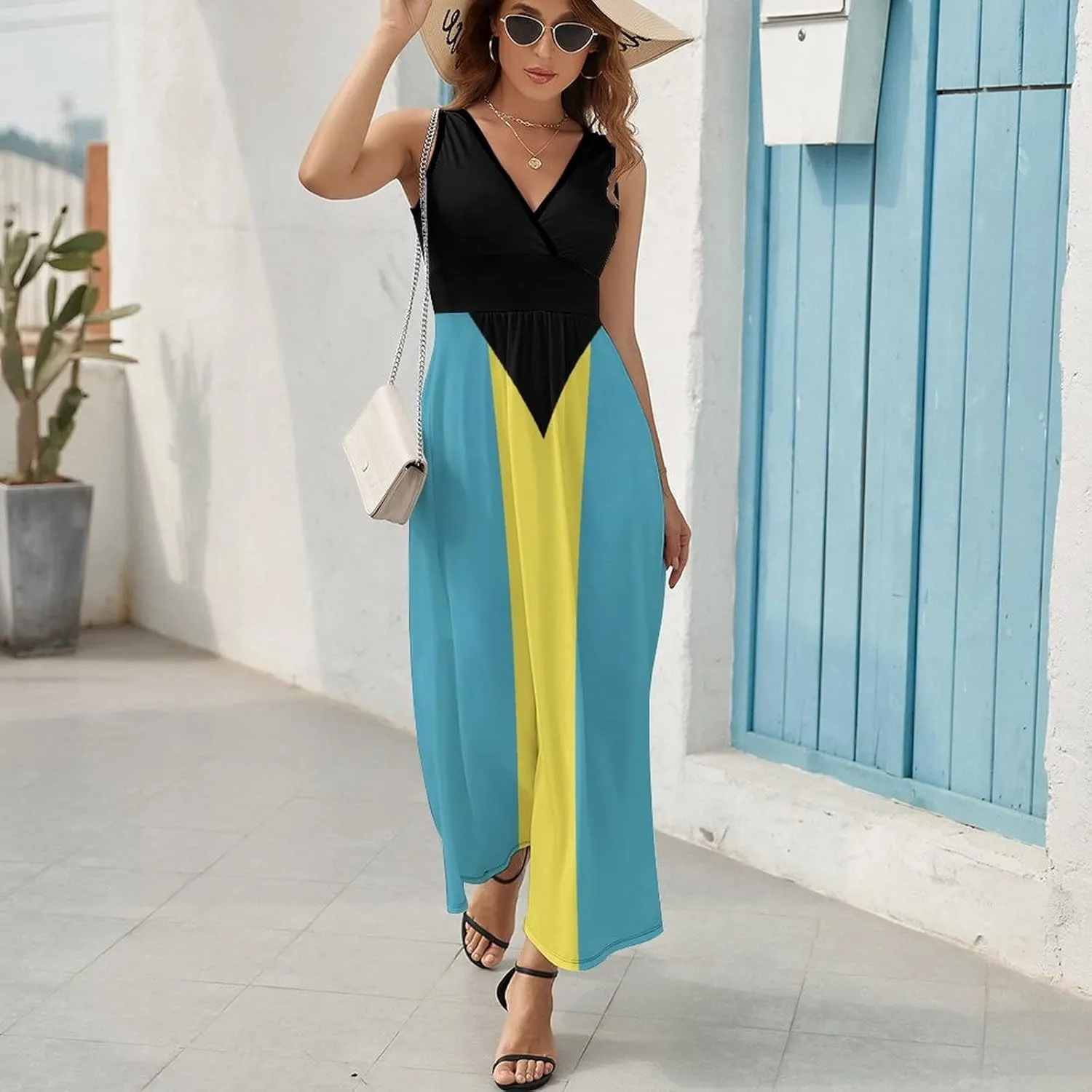 TAIZIYEAH Sleeveless Dress Elegant Casual Long Dress Bahamas Flag Girls Summer Sunshine Beach Skirts for Womens 2XL