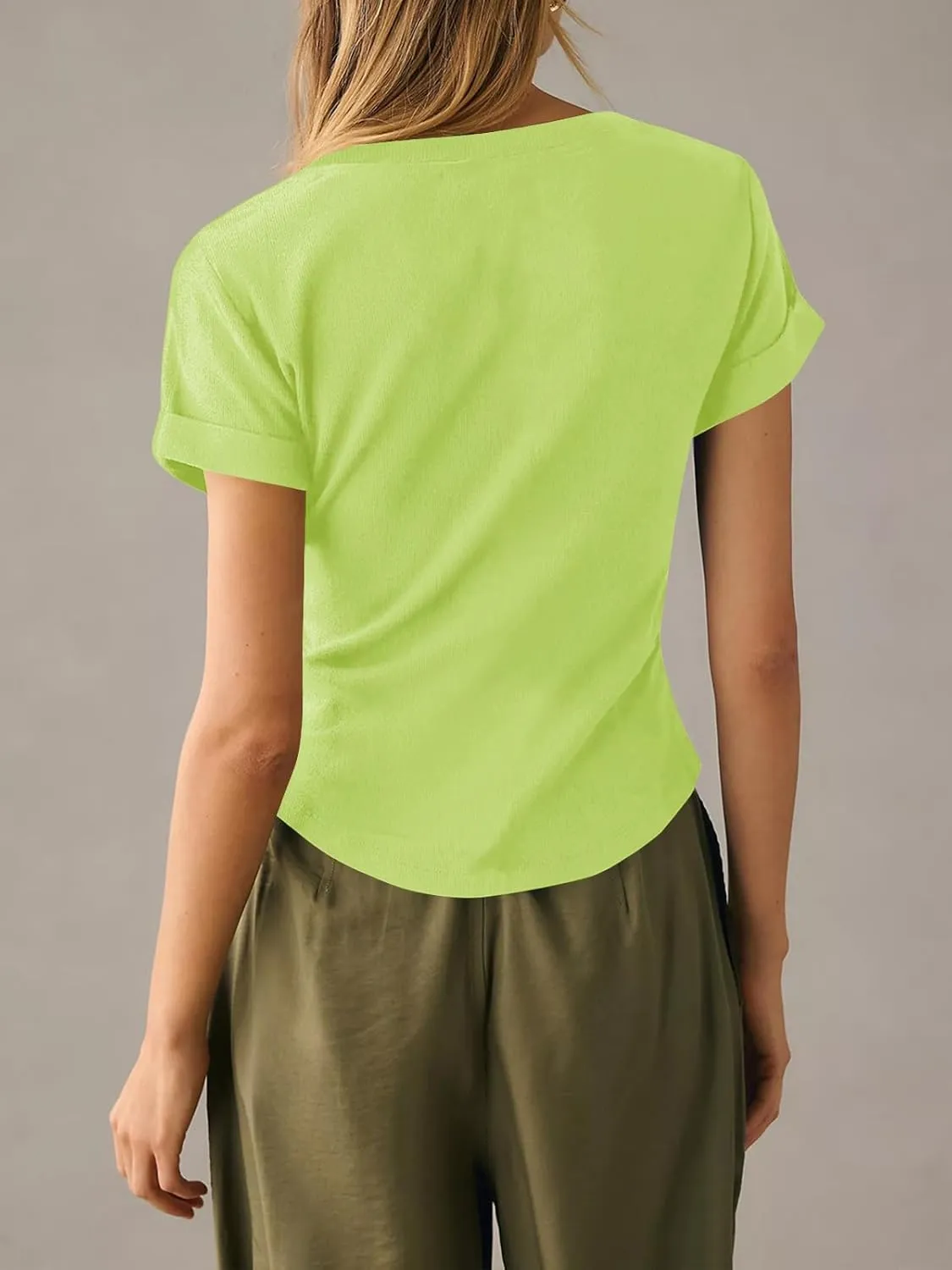 Tankaneo Women Deep V Neck Low Cut Tops Casual Ribbed Knit Henley T-Shirts Summer Short Sleeve Tees