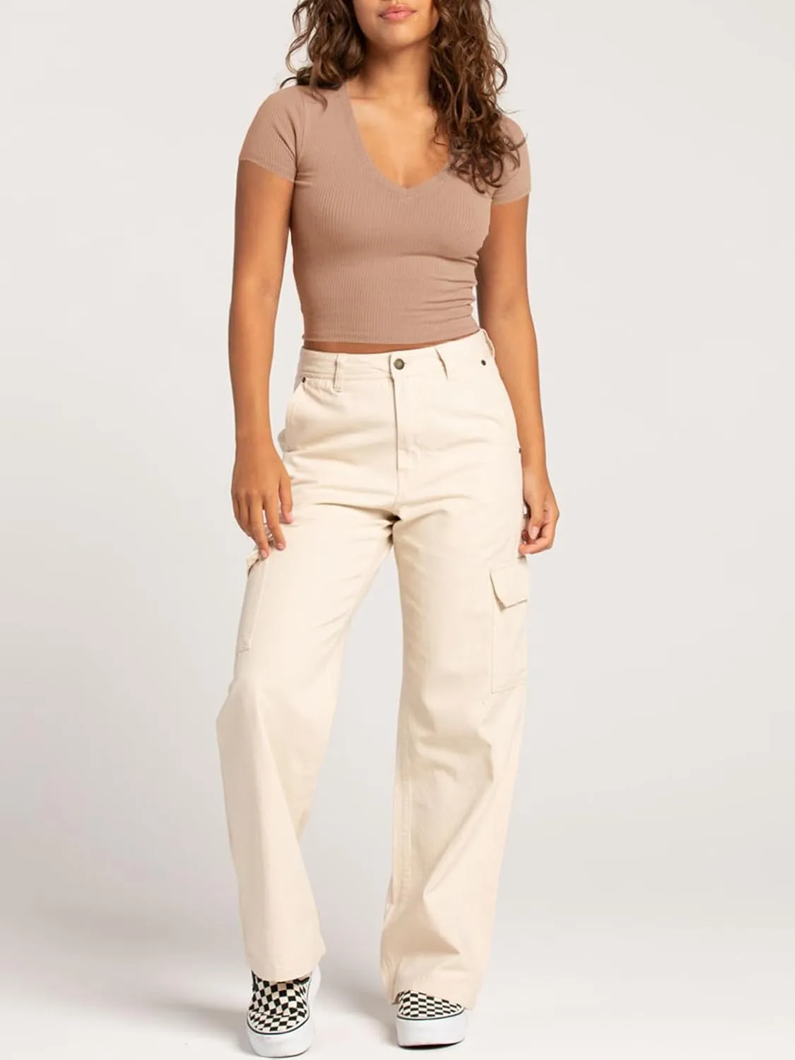 Tankaneo Womens Crop Tops Ribbed V Neck Short Sleeve Summer Basic Tees Slim Fit Y2k Shirts