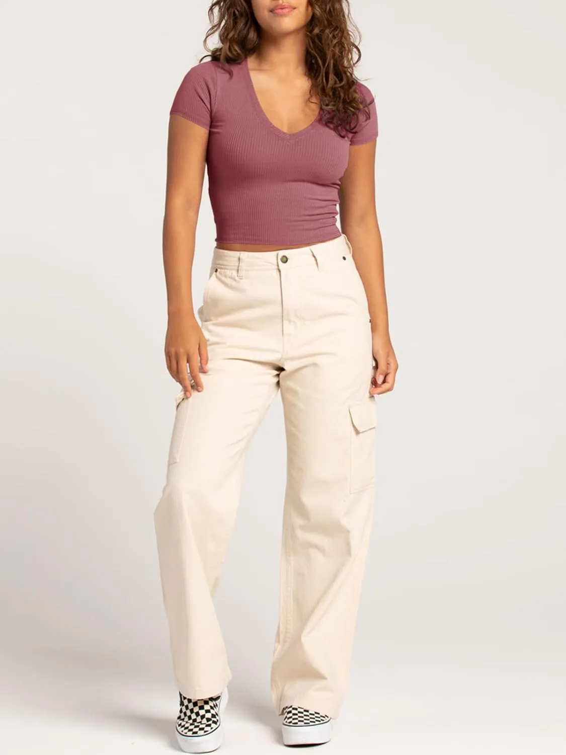 Tankaneo Womens Crop Tops Ribbed V Neck Short Sleeve Summer Basic Tees Slim Fit Y2k Shirts