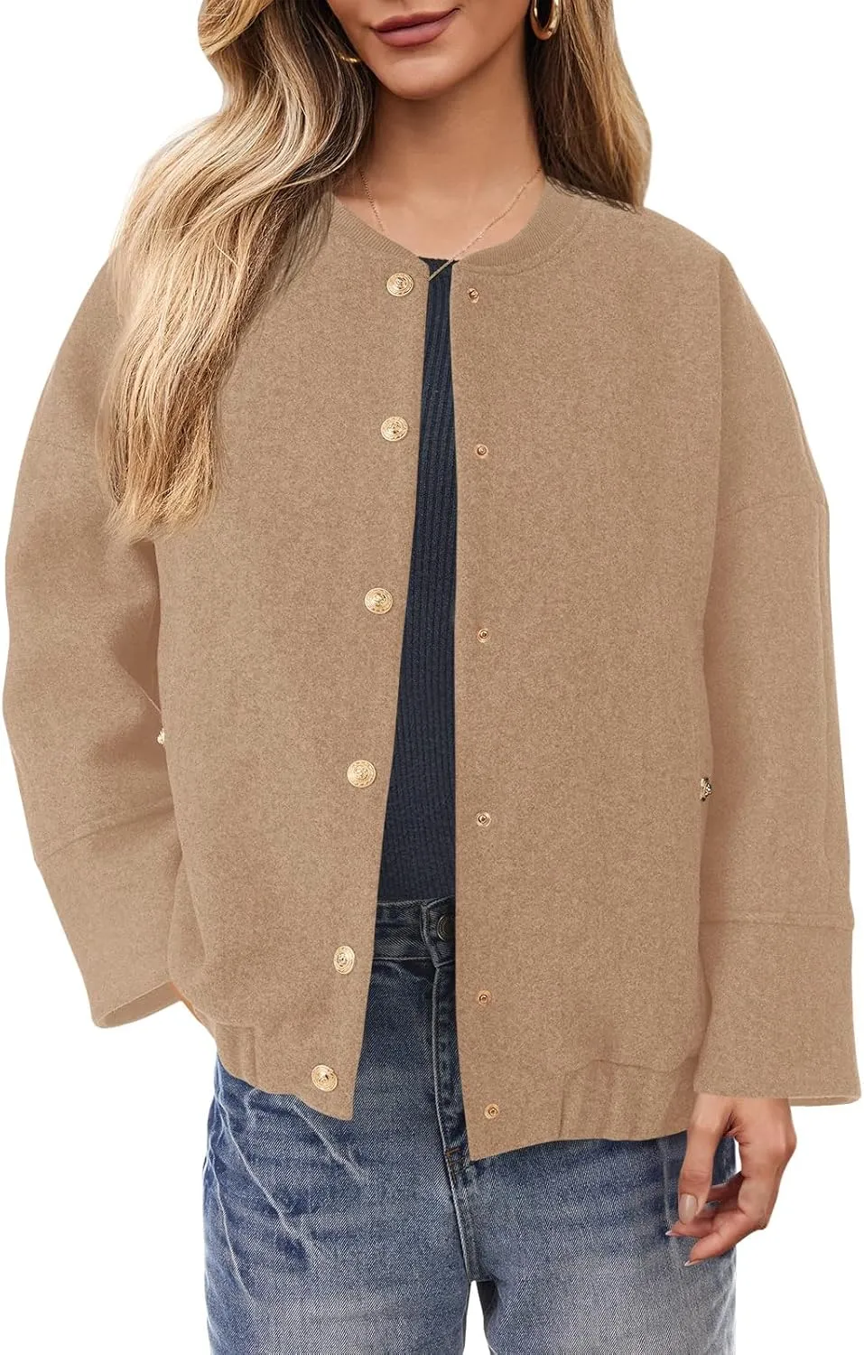 Tankaneo Womens Oversized Wool Blend Bomber Jacket Cropped Button Up Pea Coats Fall Winter Varsity Jackets