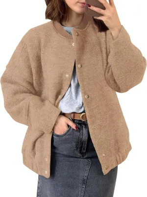 Tankaneo Womens Oversized Wool Blend Bomber Jacket Cropped Button Up Pea Coats Fall Winter Varsity Jackets