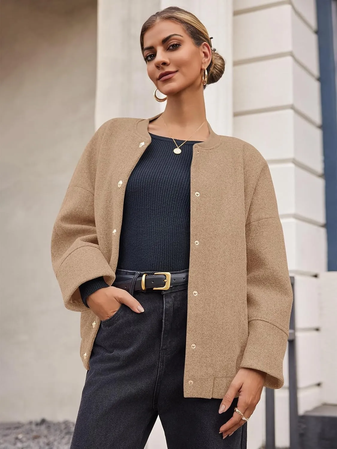Tankaneo Womens Oversized Wool Blend Bomber Jacket Cropped Button Up Pea Coats Fall Winter Varsity Jackets
