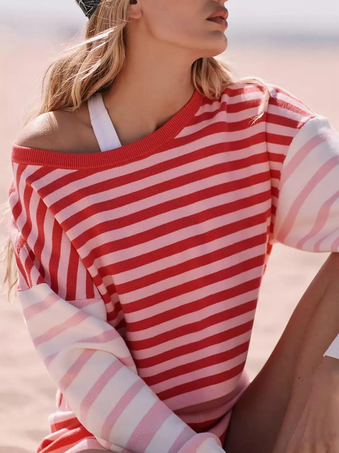 Tankaneo Womens Striped Sweater Sets 2 Piece Outfits Long Sleeve Color Block Knit Tops Matching Shorts Lounge Set