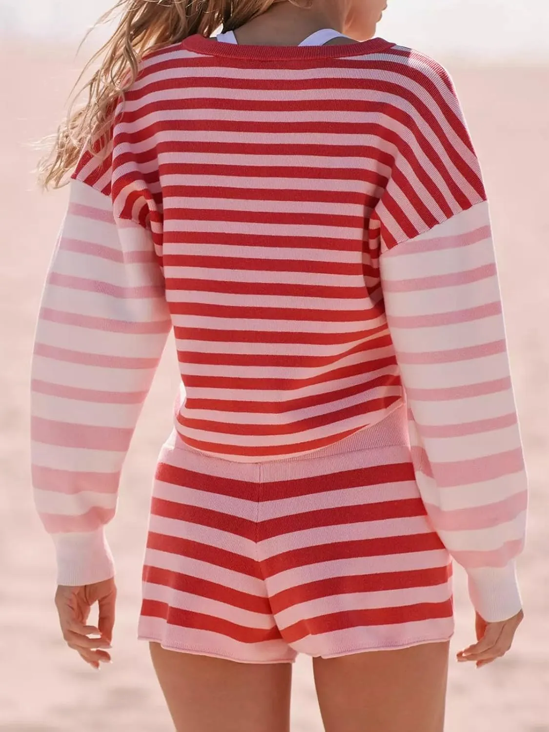 Tankaneo Womens Striped Sweater Sets 2 Piece Outfits Long Sleeve Color Block Knit Tops Matching Shorts Lounge Set